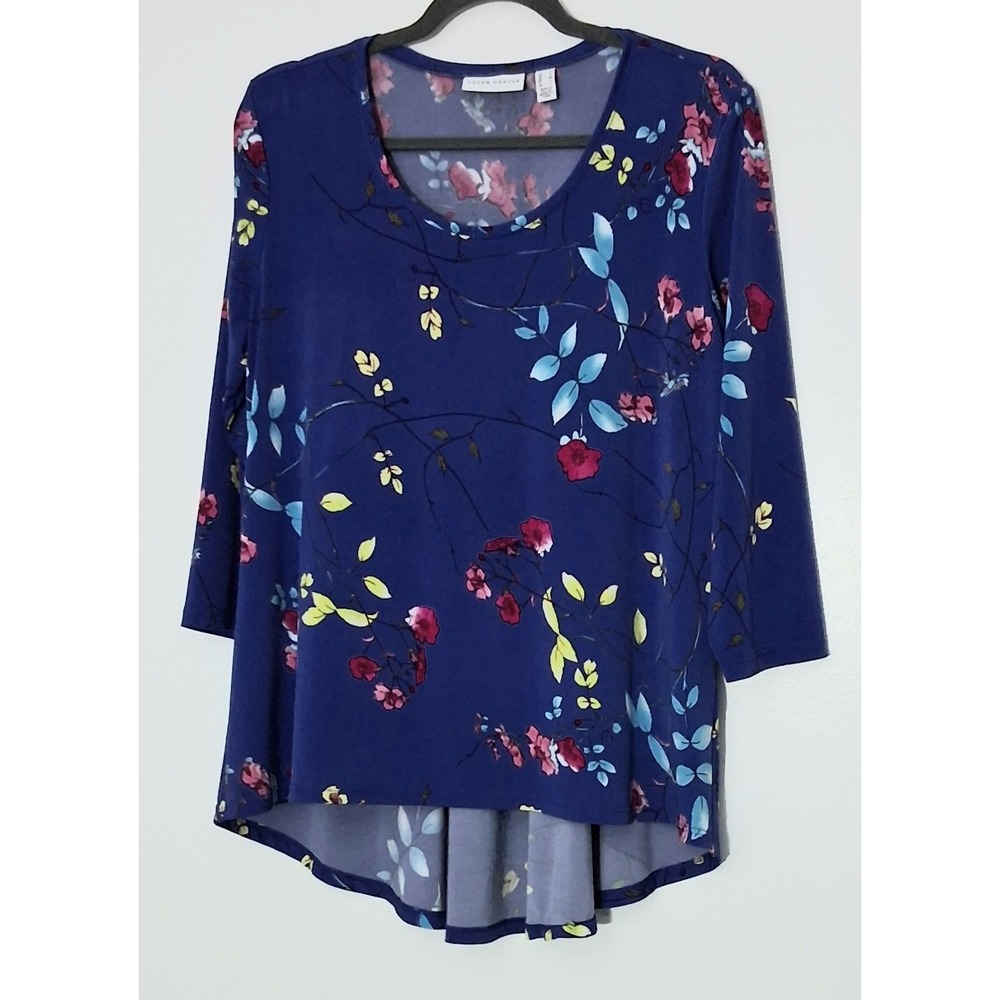 Susan Graver Blouse Women's Size M Blue Floral Liquid Knit Peplum Back Pre-owned